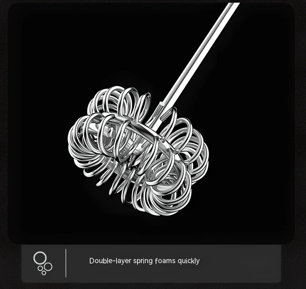 Battery-powered handheld milk frother in retro green, black, or white with stainless steel whisk