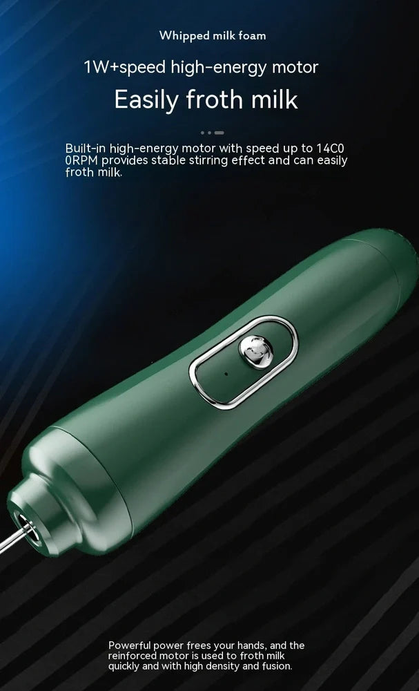 Battery-powered handheld milk frother in retro green, black, or white with stainless steel whisk