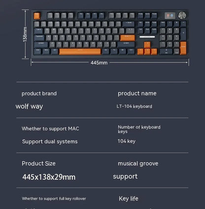 Bluetooth wireless three-mode mechanical keyboard, ABS body, 445x138x29mm, Type-C cable included