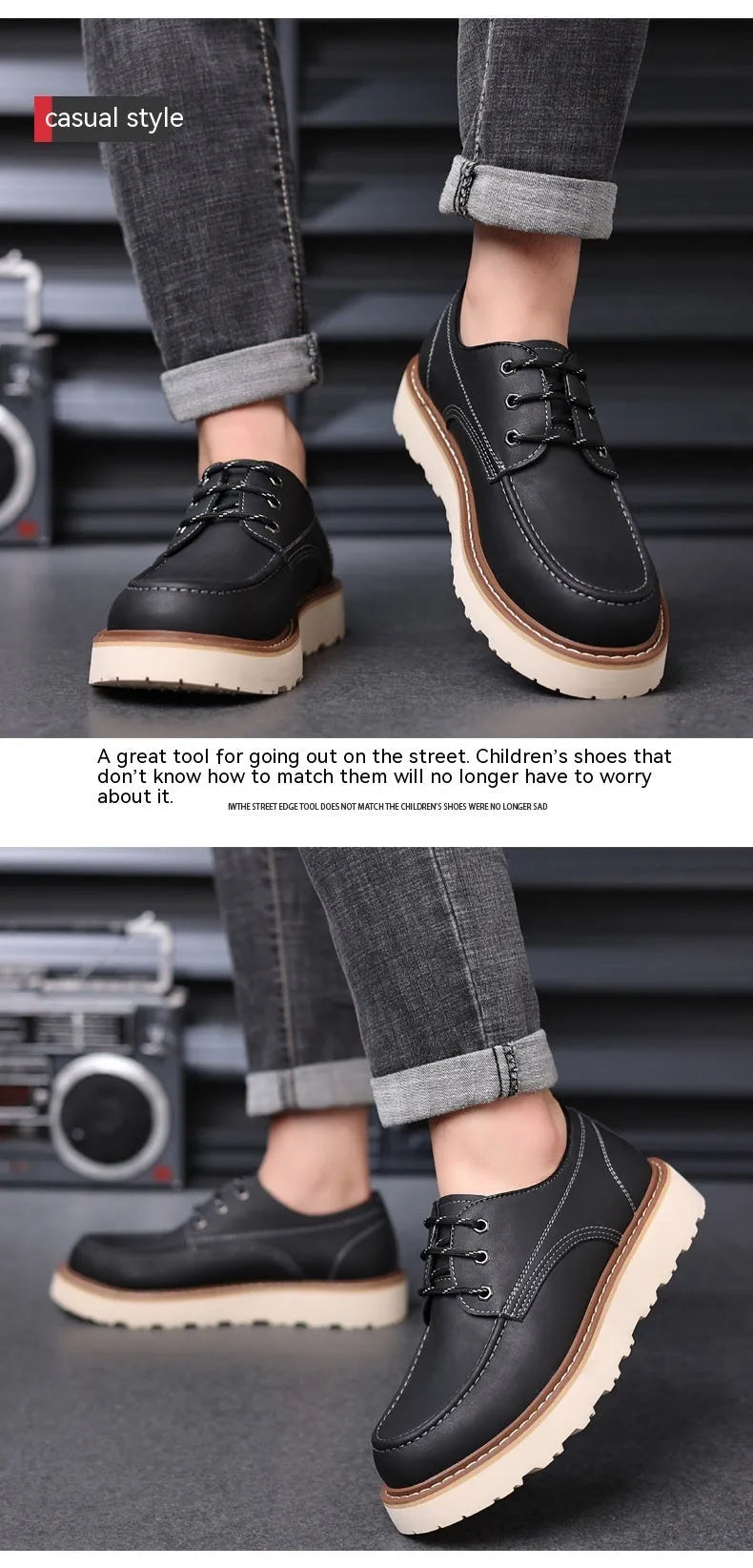 Men's black low-top Martin boots with a round toe and rubber sole on a white background.