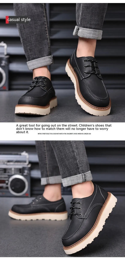 Men's black low-top Martin boots with a round toe and rubber sole on a white background.
