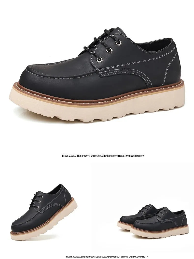 Men's black low-top Martin boots with a round toe and rubber sole on a white background.