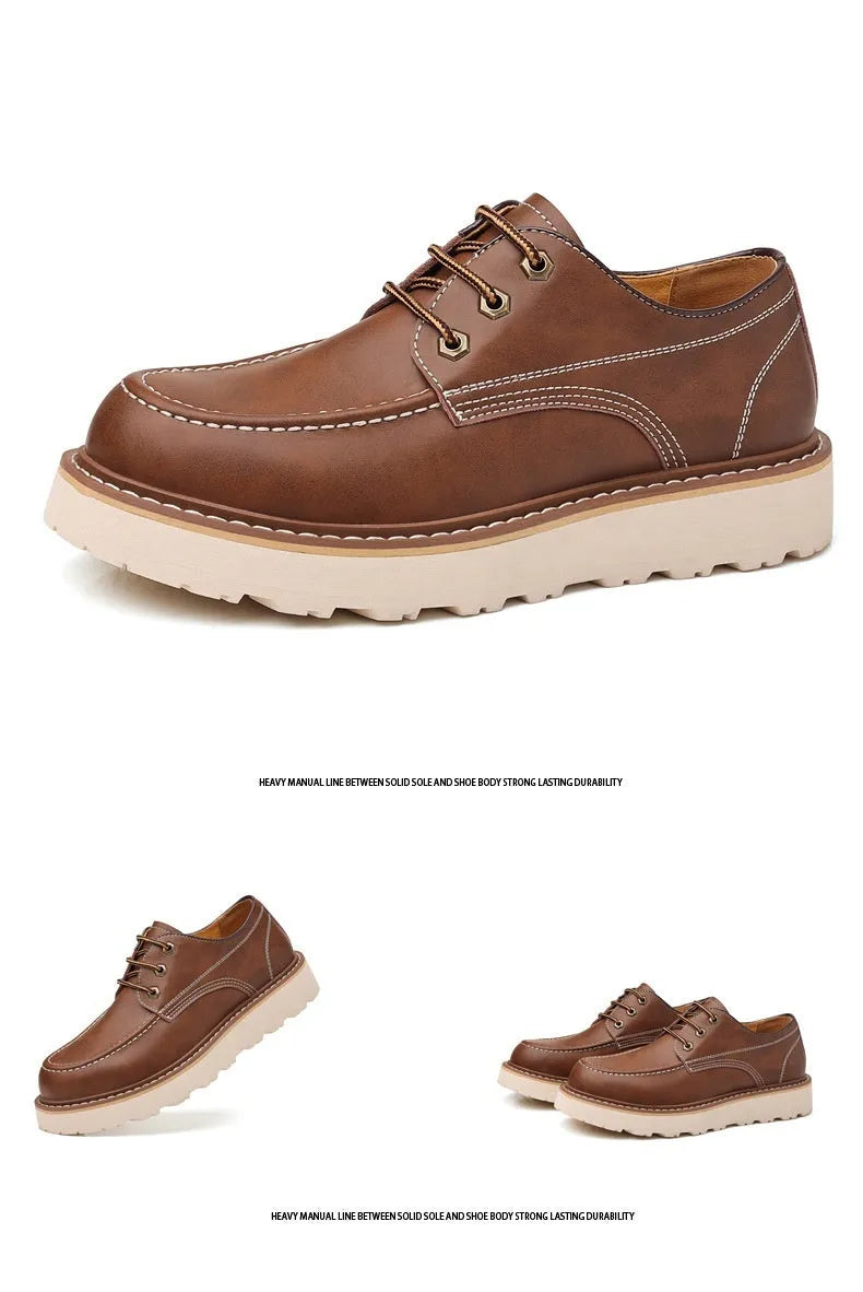 Men's black low-top Martin boots with a round toe and rubber sole on a white background.