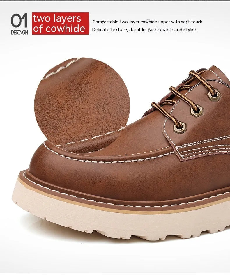 Men's black low-top Martin boots with a round toe and rubber sole on a white background.