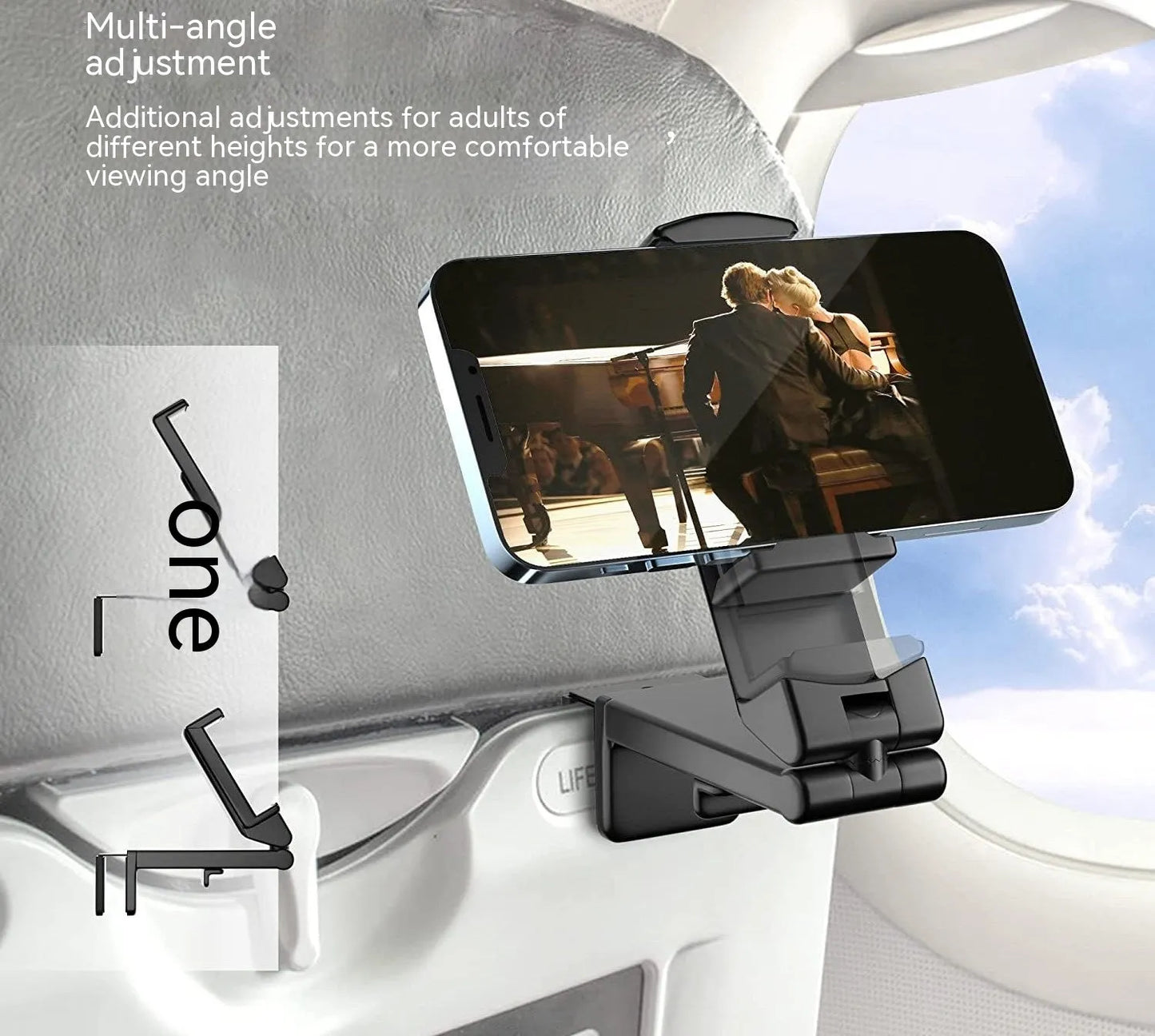 Black foldable rotating phone holder stand on a desk, showing universal phone compatibility and adjustable angles