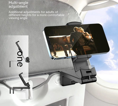 Black foldable rotating phone holder stand on a desk, showing universal phone compatibility and adjustable angles