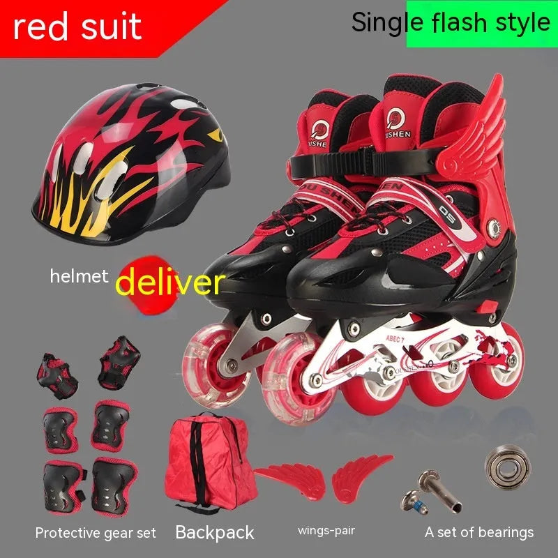 Adjustable children's inline skates in multiple colours with aluminium frame, helmet, protective gear, and backpack.