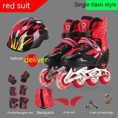 Adjustable children's inline skates in multiple colours with aluminium frame, helmet, protective gear, and backpack.