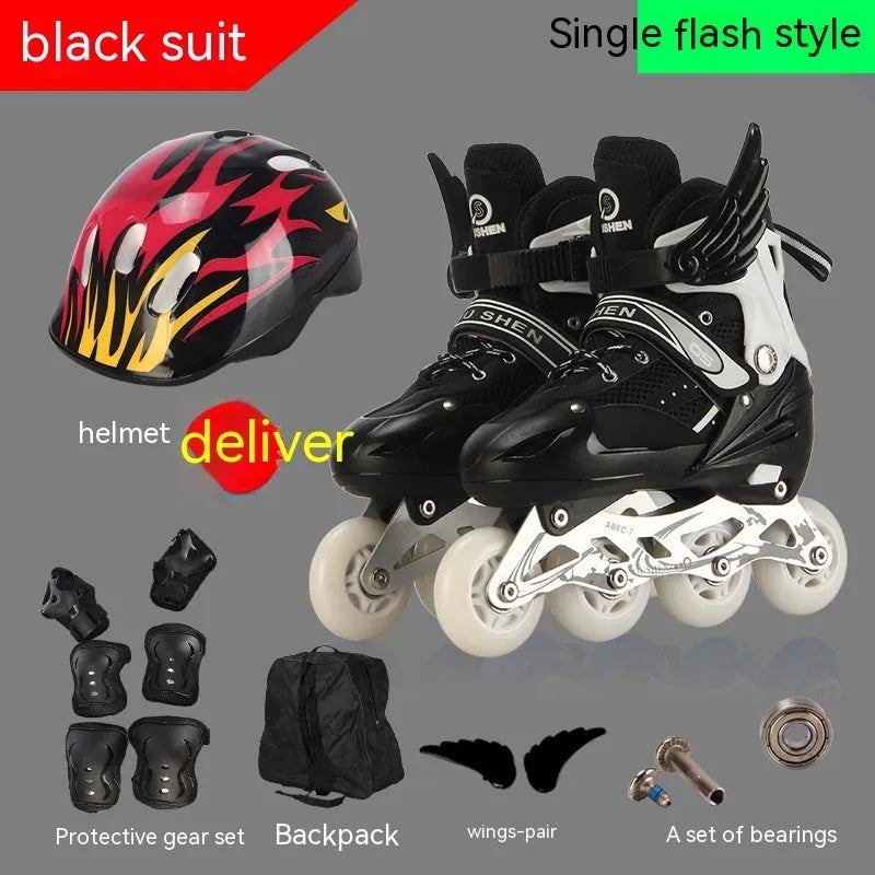 Adjustable children's inline skates in multiple colours with aluminium frame, helmet, protective gear, and backpack.