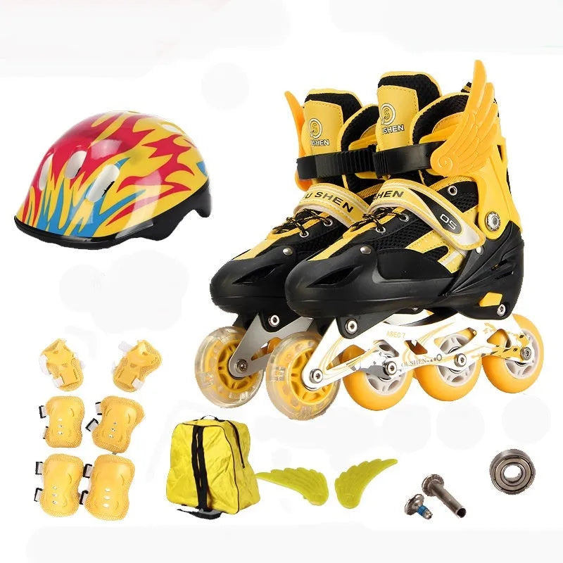 Adjustable children's inline skates in multiple colours with aluminium frame, helmet, protective gear, and backpack.