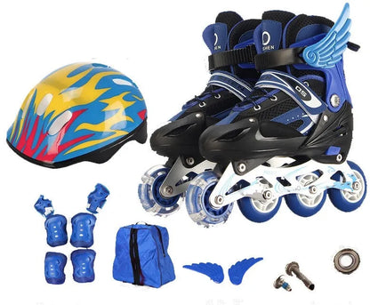 Adjustable children's inline skates in multiple colours with aluminium frame, helmet, protective gear, and backpack.