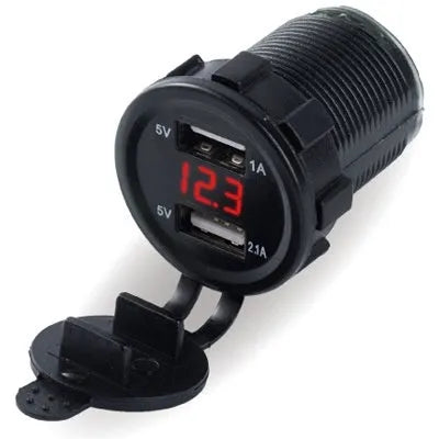 Motorcycle car charger with fast charging USB output for waterproof cigarette lighter sockets, featuring snap-on design and multiple LED light colour options including blue, green, and red, available with or without power lines.