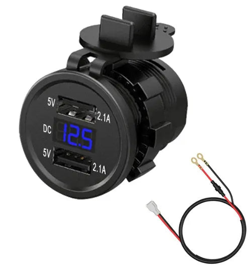 Motorcycle waterproof car charger with USB fast charging port and LED indicator lights