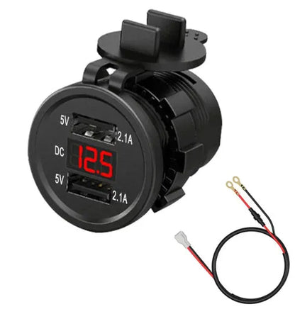 Motorcycle waterproof car charger with USB fast charging port and LED indicator lights