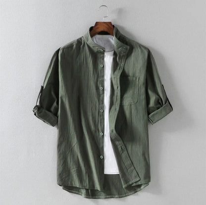 Men's linen stand collar loose shirt in white, black, and green colors