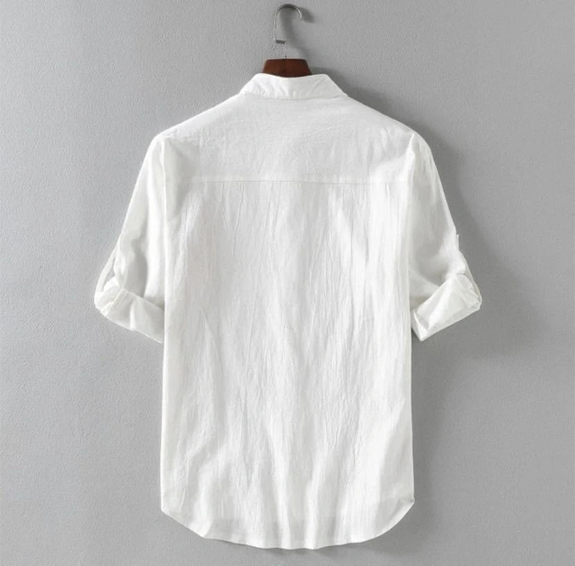 Men's linen stand collar loose shirt in white, black, and green colors
