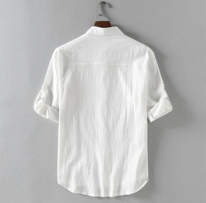 Men's linen stand collar loose shirt in white, black, and green colors