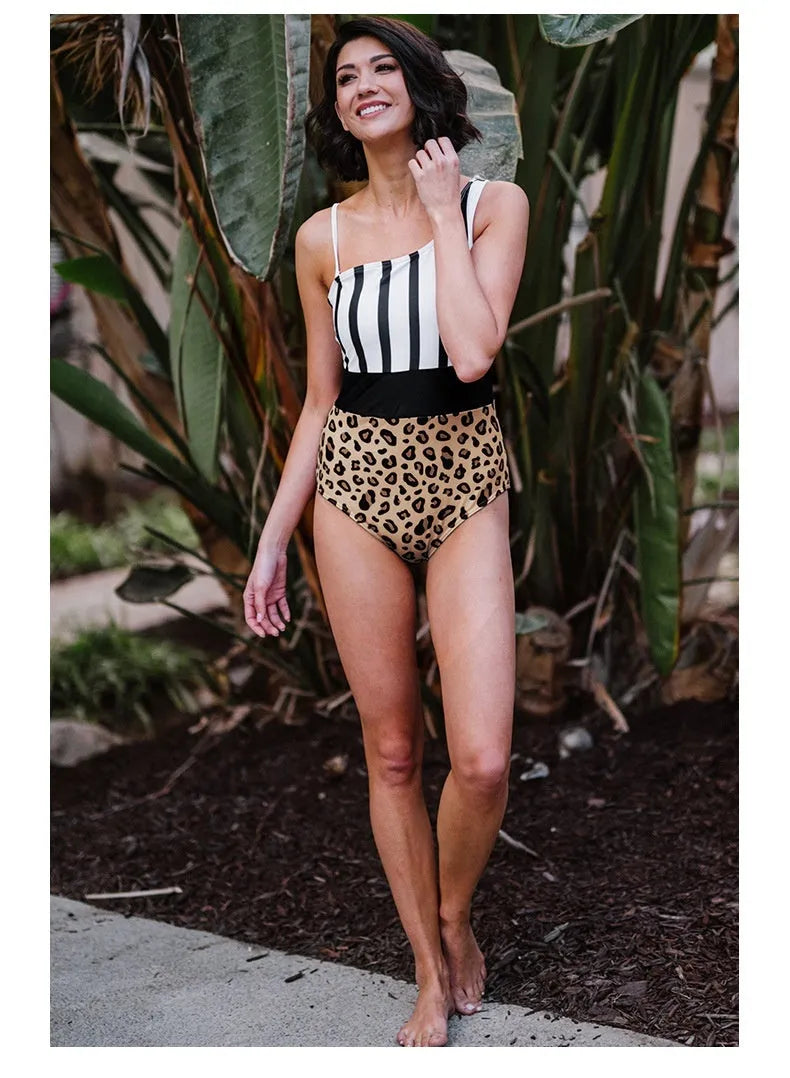 Women's leopard print one-piece swimsuit with asymmetric collar and high waist triangle briefs design