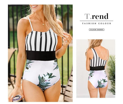 Women's leopard print one-piece swimsuit with asymmetric collar and high waist triangle briefs design