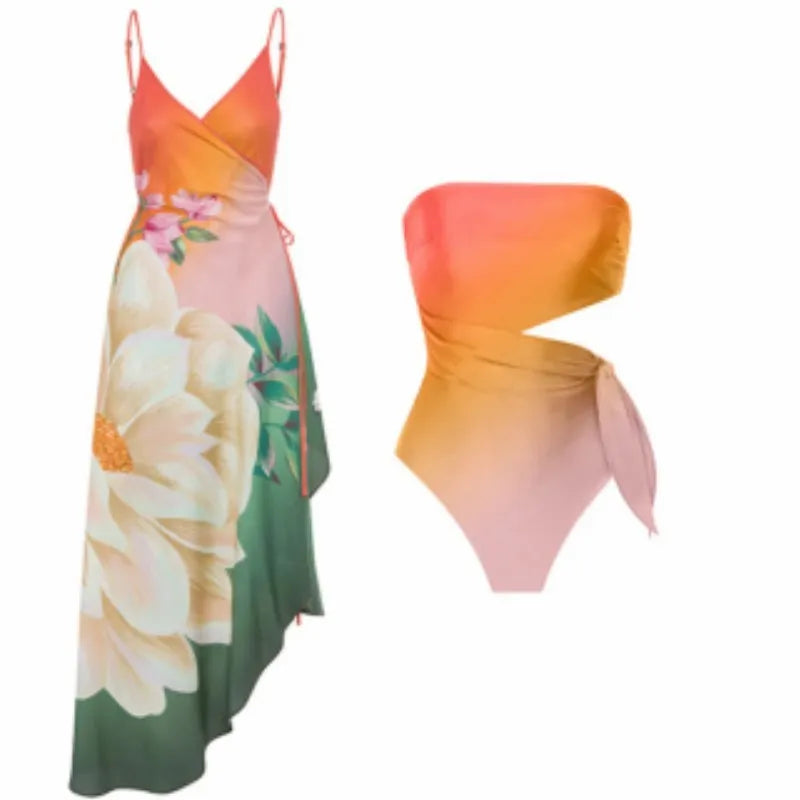 Women's retro French-style printed one-piece swimsuit in quick-dry polyester fabric
