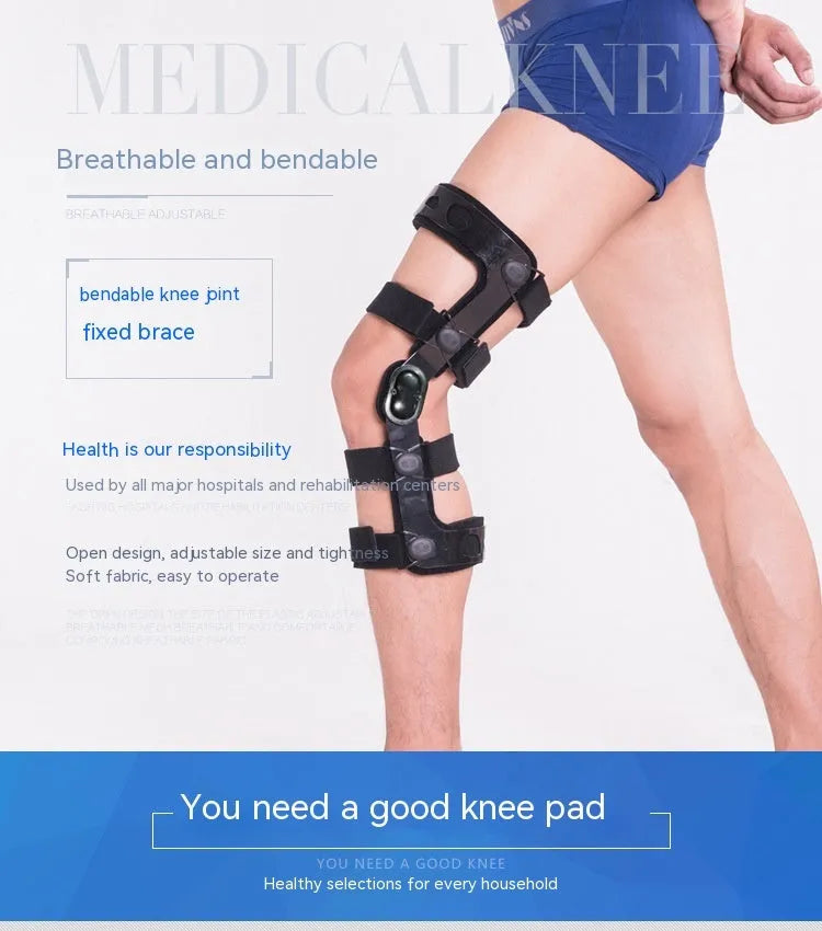 Black anterior ligament knee supporter with adjustable strap, shown on a knee.