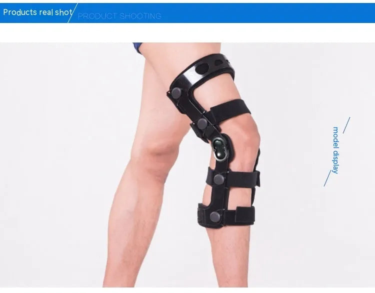 Black anterior ligament knee support pad shown on a knee, with adjustable straps and specific left/right anatomical design.