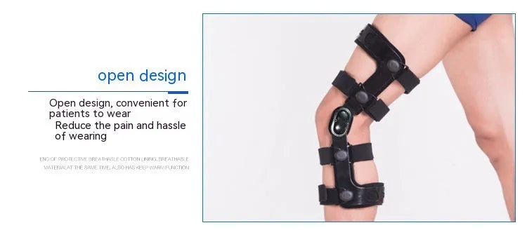 Black anterior ligament knee supporter with adjustable strap, shown on a knee.