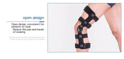 Black anterior ligament knee supporter with adjustable strap, shown on a knee.
