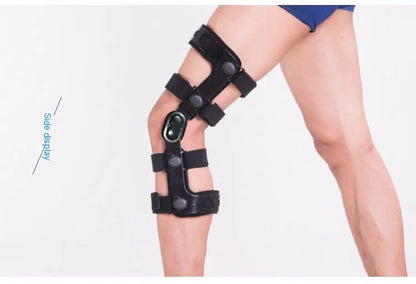 Black anterior ligament knee support pad shown on a knee, with adjustable straps and specific left/right anatomical design.