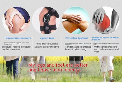 Black anterior ligament knee support pad shown on a knee, with adjustable straps and specific left/right anatomical design.