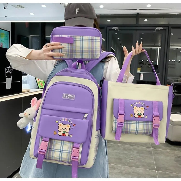 Large capacity plaid three-piece school backpack set in nylon with pink, blue, black, or purple colour options for junior high students