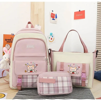 Large capacity plaid three-piece school backpack set in nylon with pink, blue, black, or purple colour options for junior high students