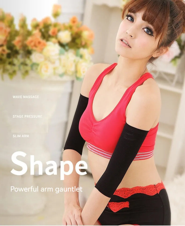 Women's black nylon shaping arm sleeve, free size, laid flat.