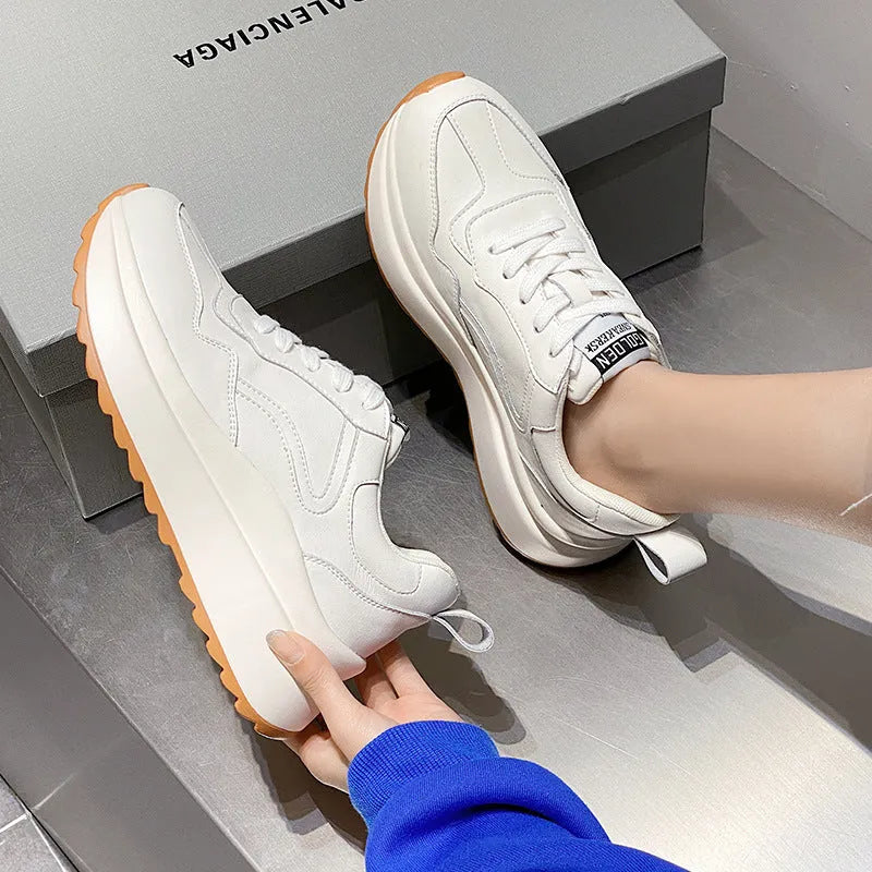 Women's beige cattlehide leather casual sports shoes with mesh lining, cross strap, and English muffin heel