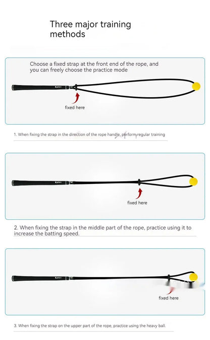 Black silicone elastic golf swing trainer rope for practice and correction drills.