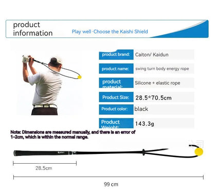 Black silicone elastic golf swing trainer rope for practice and correction drills.