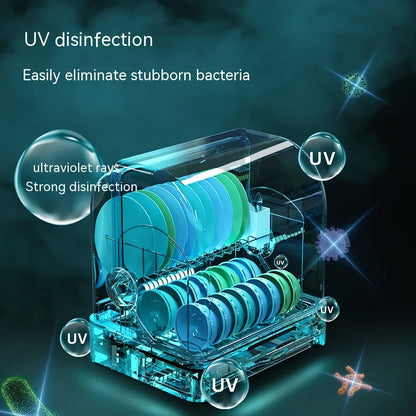 White desktop kitchen disinfection dryer with compact design showing control panel and 360° constant temperature technology