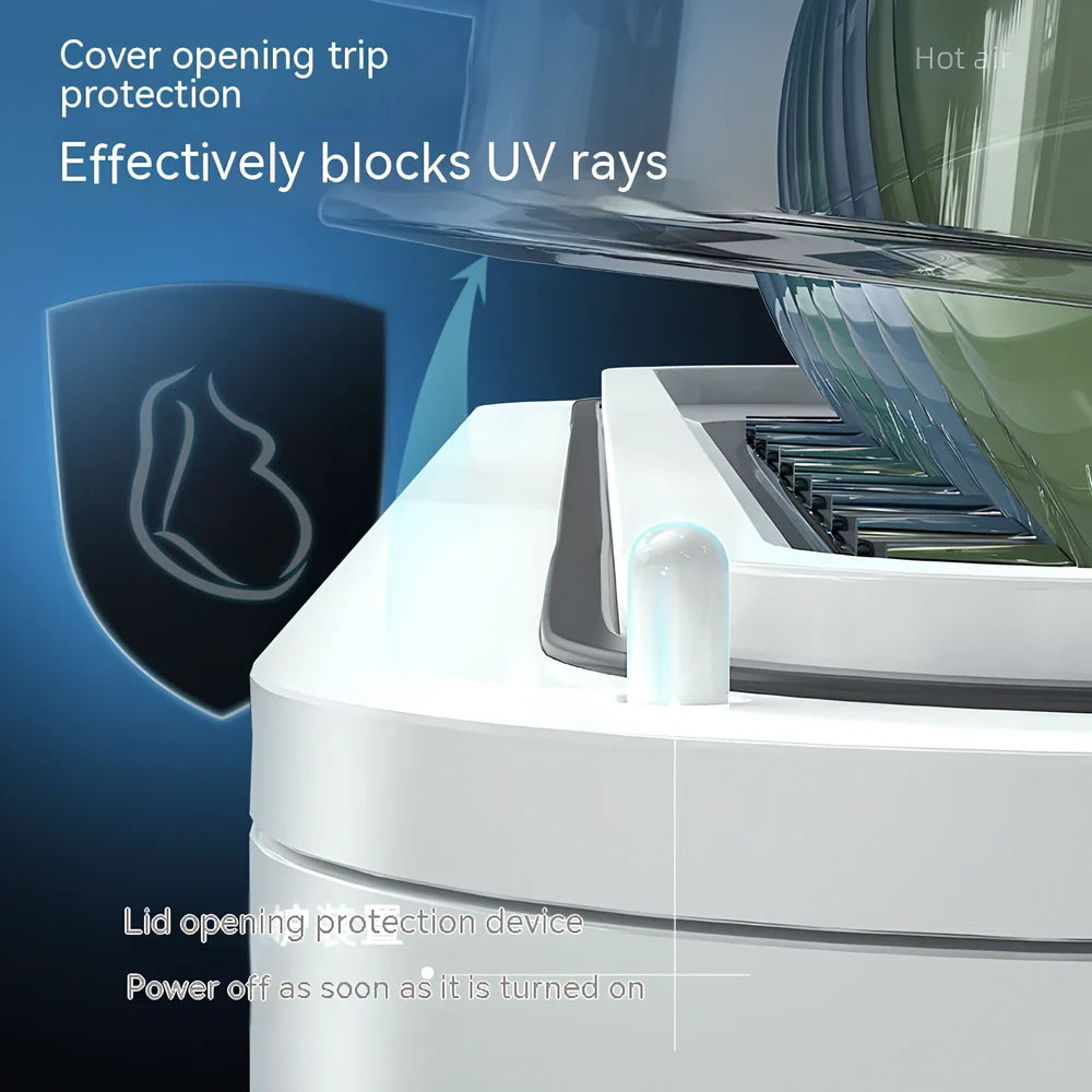White desktop kitchen disinfection dryer with compact design showing control panel and 360° constant temperature technology