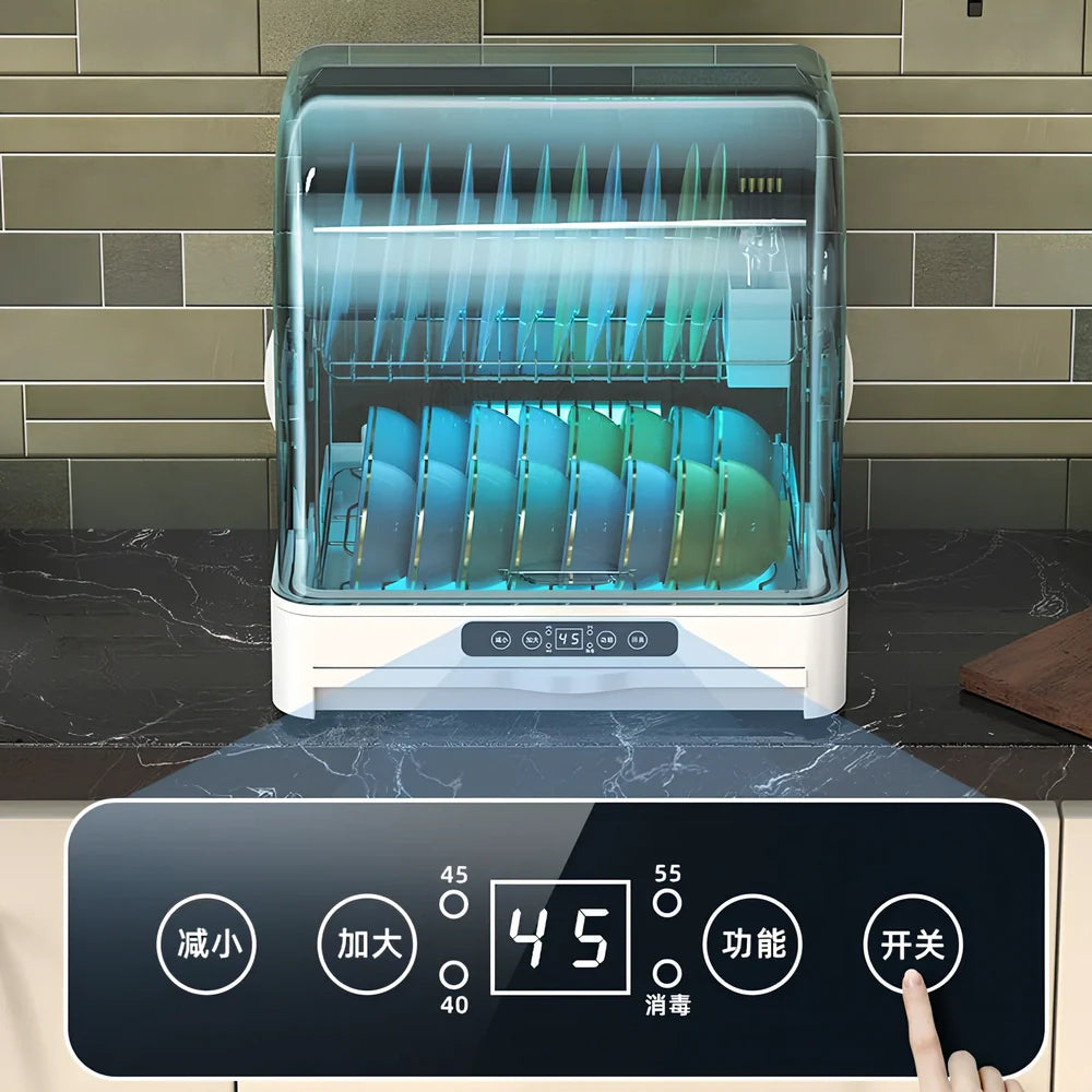 White desktop kitchen disinfection dryer with compact design showing control panel and 360° constant temperature technology