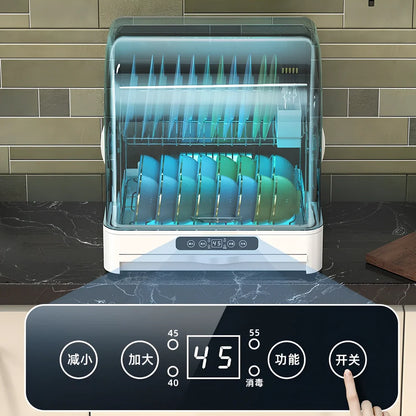 White desktop kitchen disinfection dryer with compact design showing control panel and 360° constant temperature technology