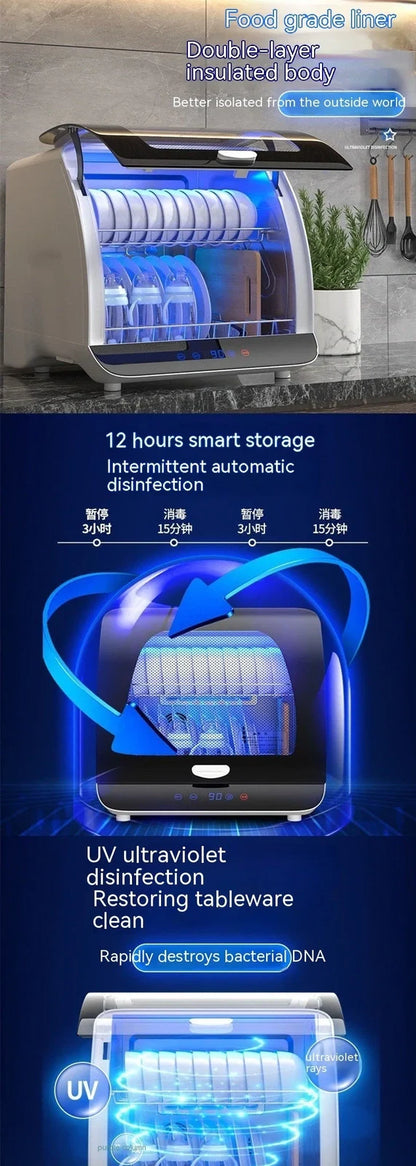 White desktop kitchen disinfection dryer with compact design showing control panel and 360° constant temperature technology