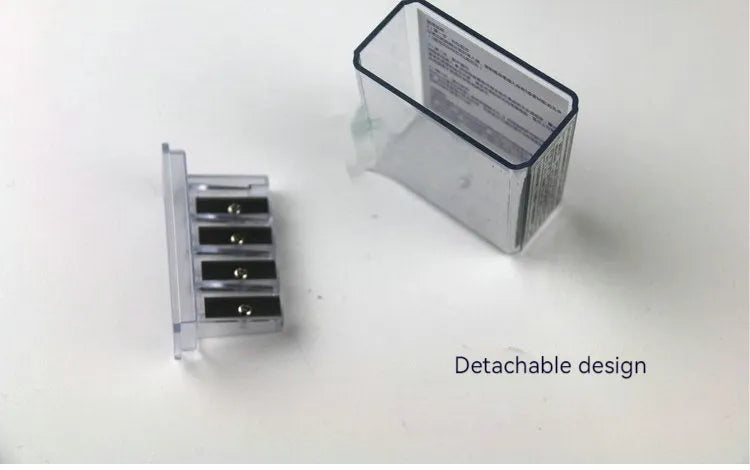 Four-hole pencil sharpener with geometric plastic design, four blades, and integrated screwdriver tool