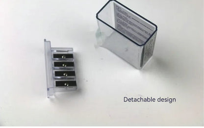 Four-hole pencil sharpener with geometric plastic design, four blades, and integrated screwdriver tool