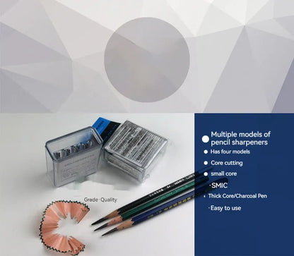 Four-hole pencil sharpener with geometric plastic design, four blades, and integrated screwdriver tool