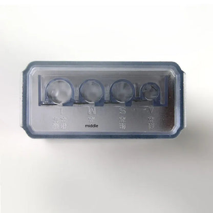 Four-hole pencil sharpener with geometric plastic design, four blades, and integrated screwdriver tool