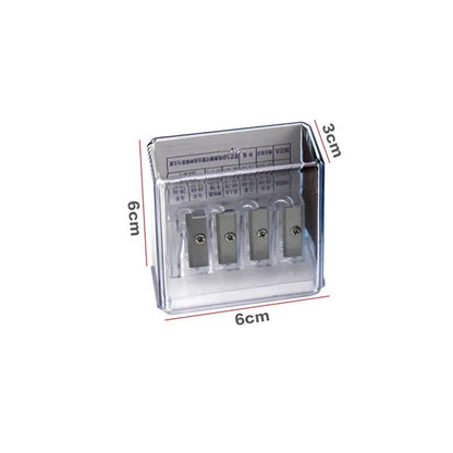 Four-hole pencil sharpener with geometric plastic design, four blades, and integrated screwdriver tool