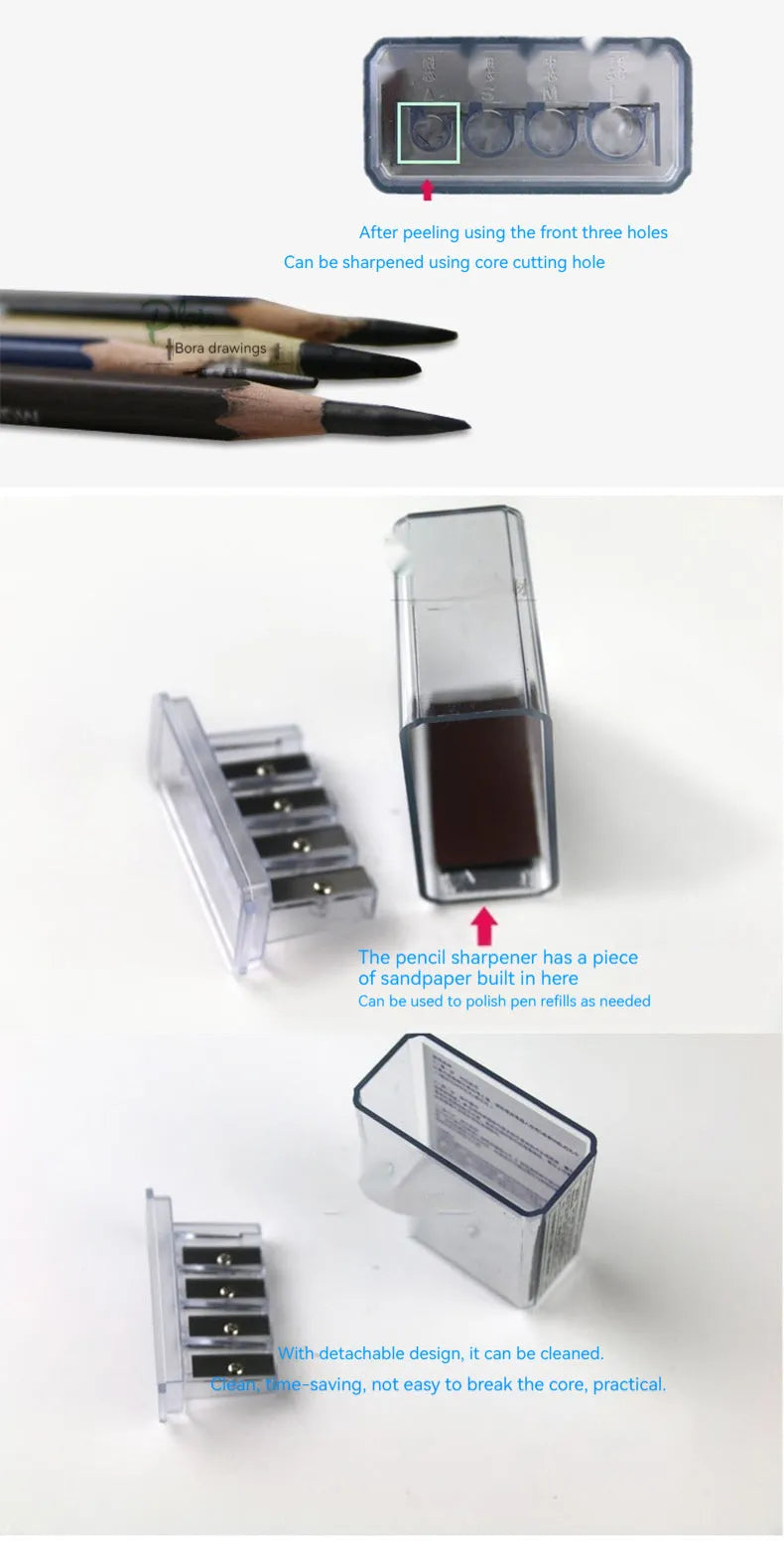Four-hole pencil sharpener with geometric plastic design, four blades, and integrated screwdriver tool