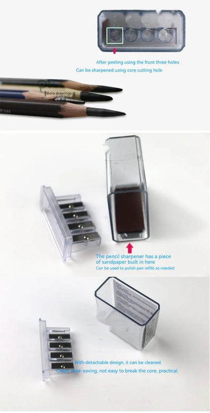 Four-hole pencil sharpener with geometric plastic design, four blades, and integrated screwdriver tool