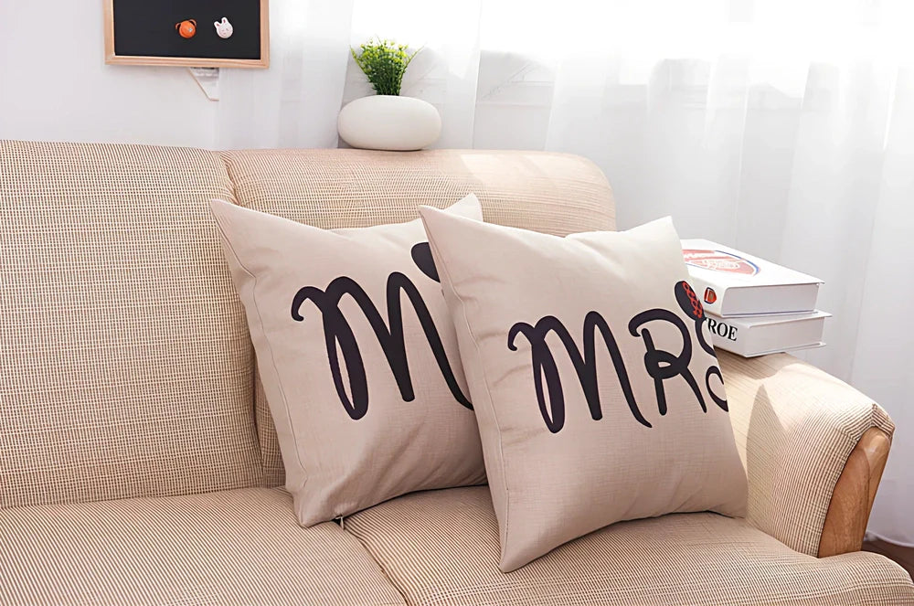 45x45cm linen pillowcase with cartoon design in MR and MRS colour options