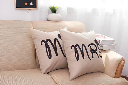 45x45cm linen pillowcase with cartoon design in MR and MRS colour options